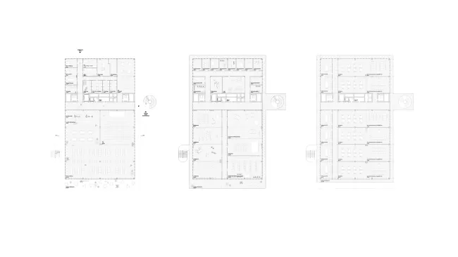 Grundrisse Publikumsgeb&auml;ude, von links: EG, 1. OG, 2. OG
