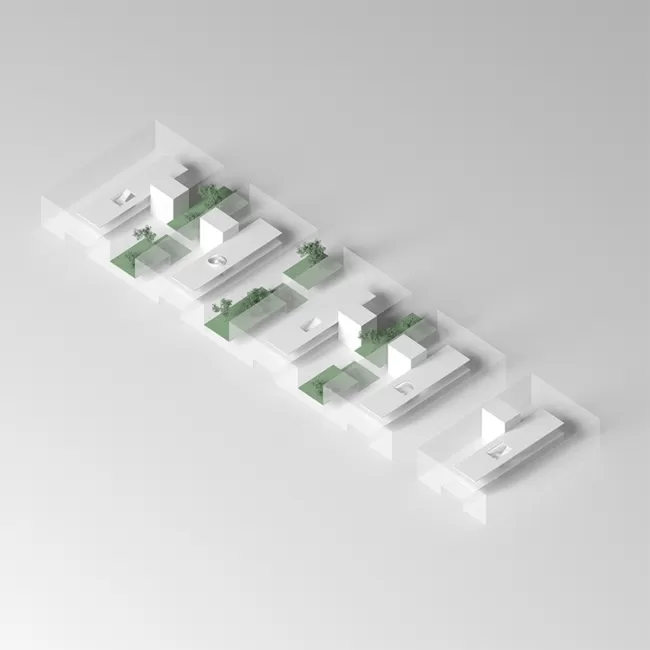 Das Schulhaus: Sockelbau mit zweigeschossigen Hochpunkten 
Das Schulhaus unterscheidet typologisch den Sockelbau und die Obergeschosse. Im Sockelgeschoss sind alle R&auml;ume f&uuml;r den naturwissenschaftlichen und den gestalterischen Unterricht untergebracht. In den Obergeschossen befinden sich die einzelnen Lerncluster der allgemeinen Unterrichtsr&auml;ume.